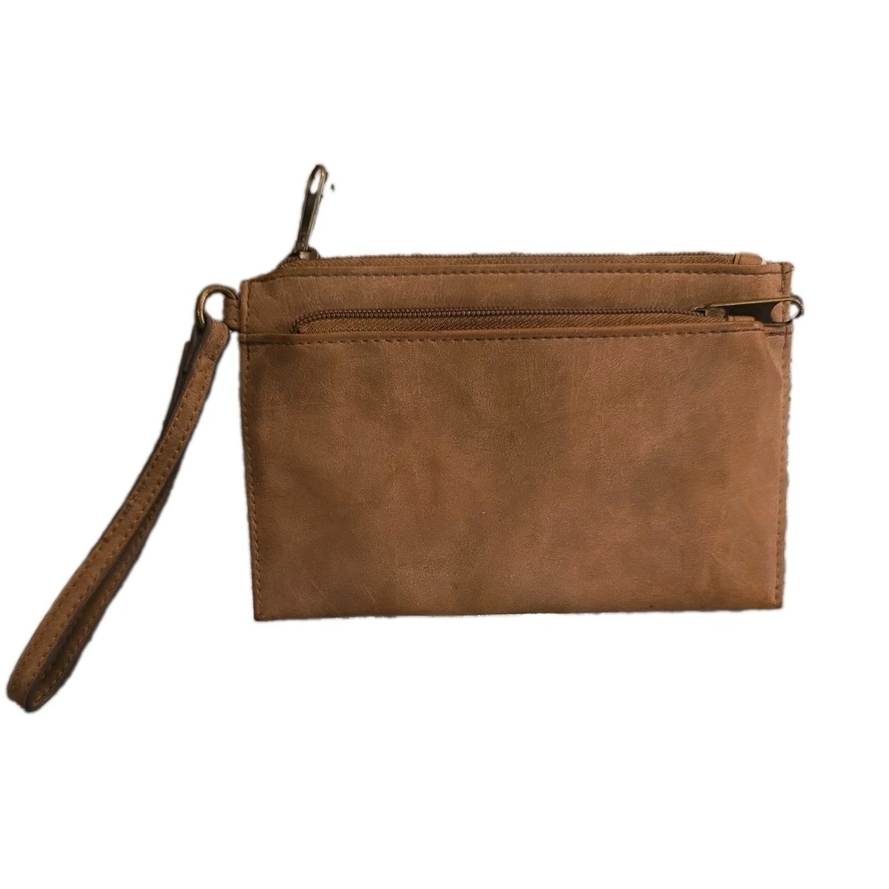 Brown Solid Women's Wristlet Wallet w/ Zipper Wrist Strap Lined with Polka Dots